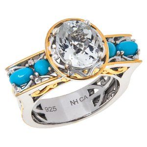 SLEEPING BEAUTY TURQUOISE & WHITE TOPAZ RING TWO TONE SIZE 8 BRAND NEW